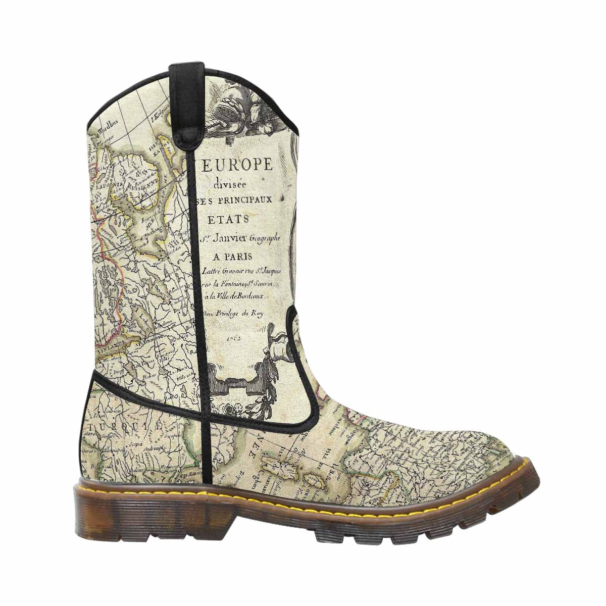 Antique Map design mens western lumber boots, Design 3