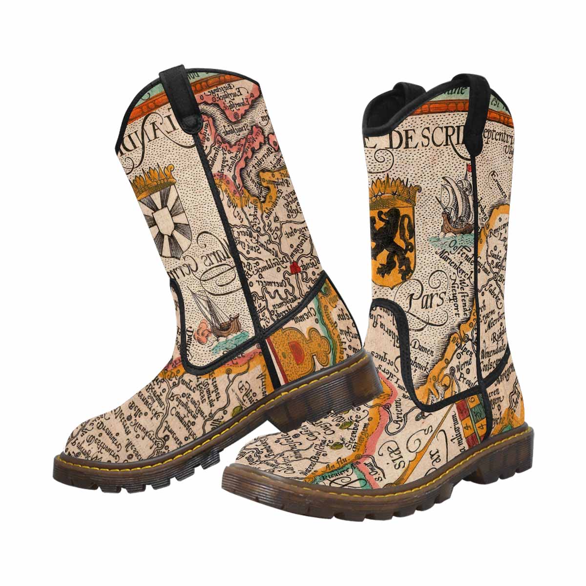 Antique Map design womens western lumber boots, Design 12