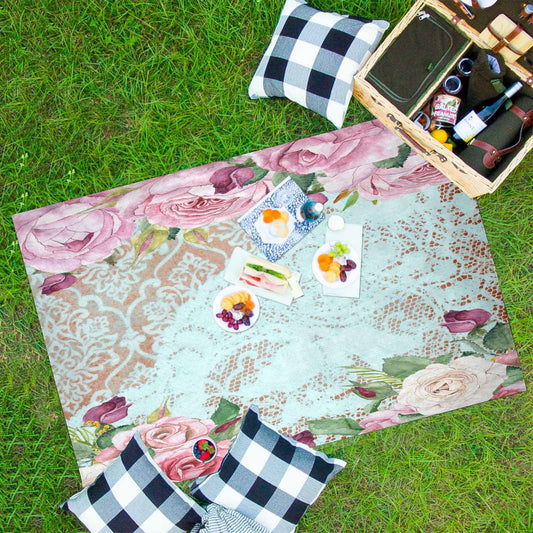 Victorian lace print waterproof picnic mat, 81 x 55in, design 24