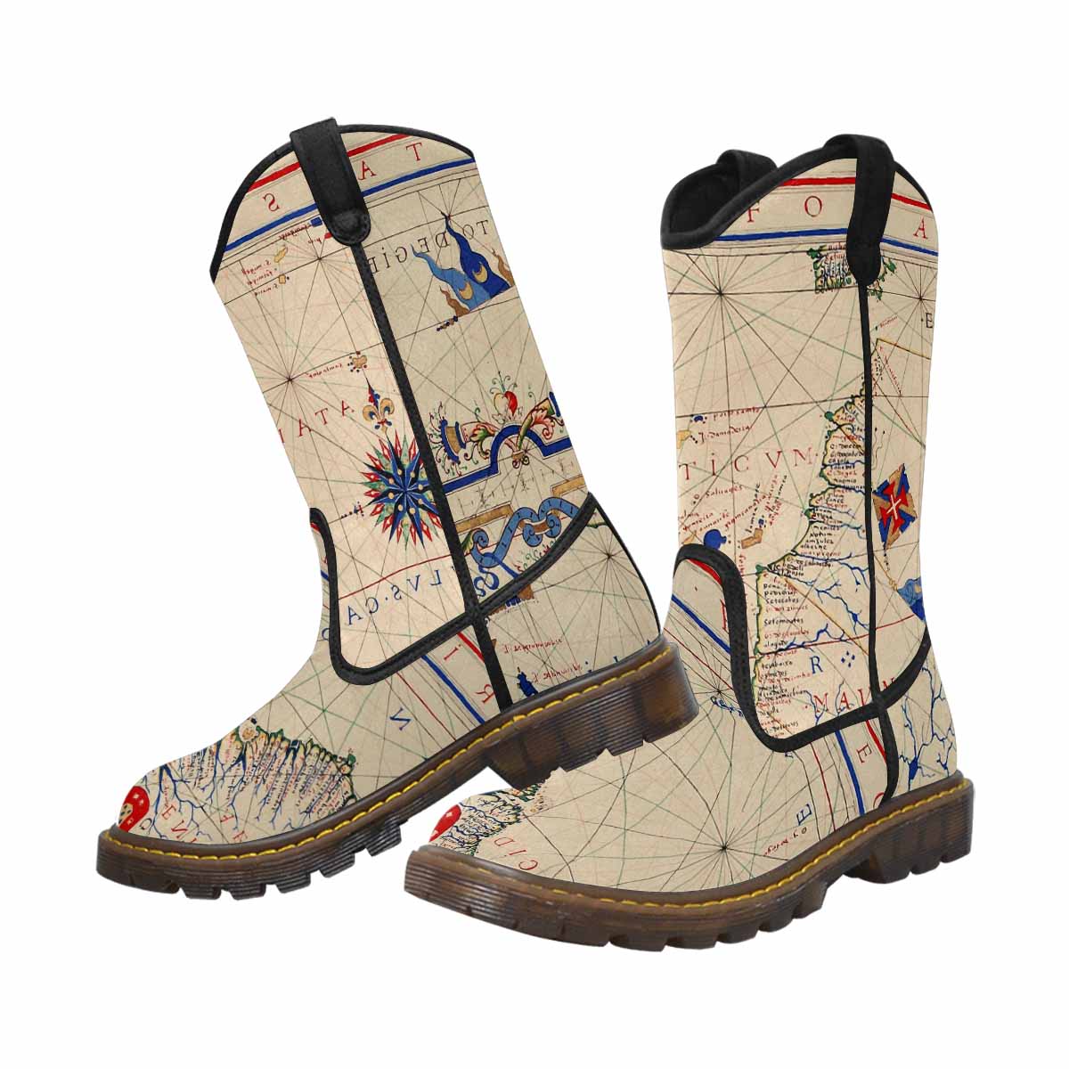 Antique Map design womens western lumber boots, Design 45