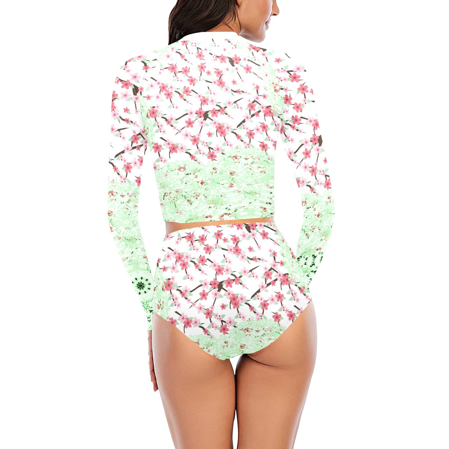 Victorian printed lace, long sleeve 2pc swimsuit, beachwear, design 10 Long Sleeve Bikini Set (Model S27)