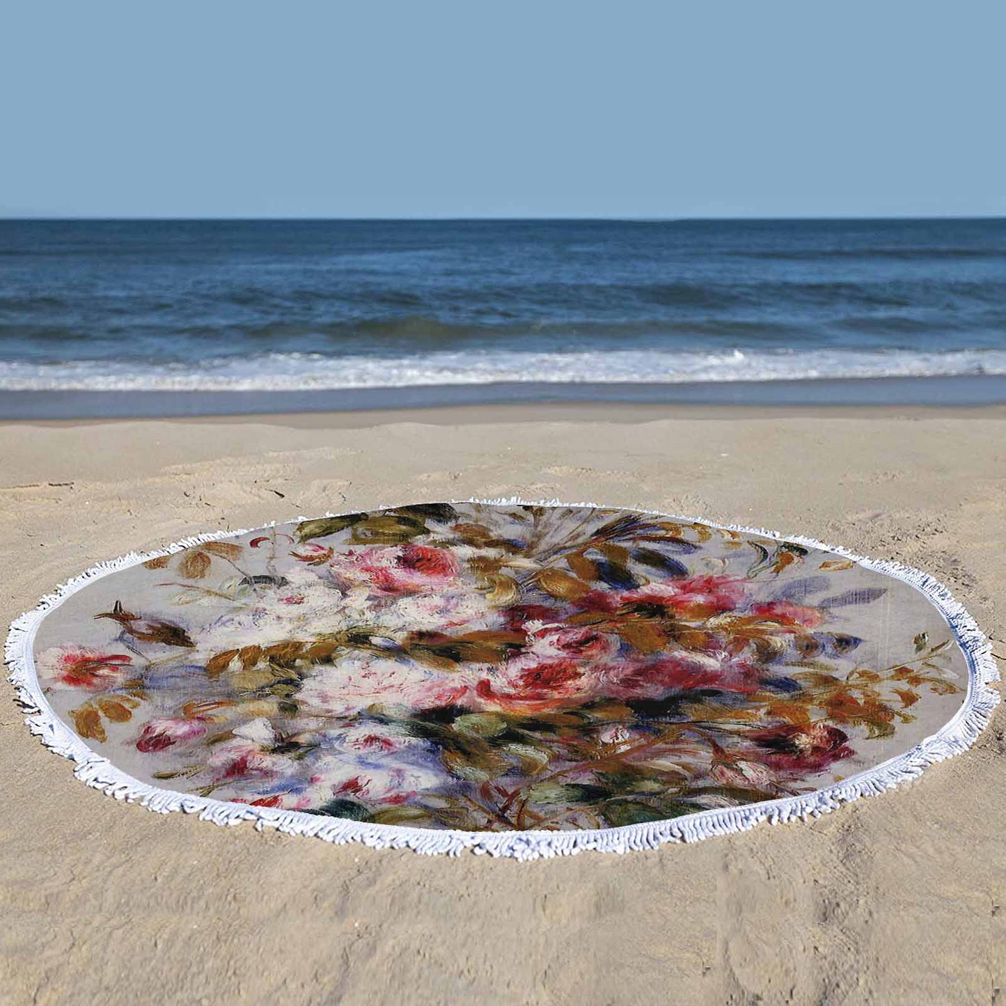 Vintage Floral circular plush beach towel, fringe edges, Design 12