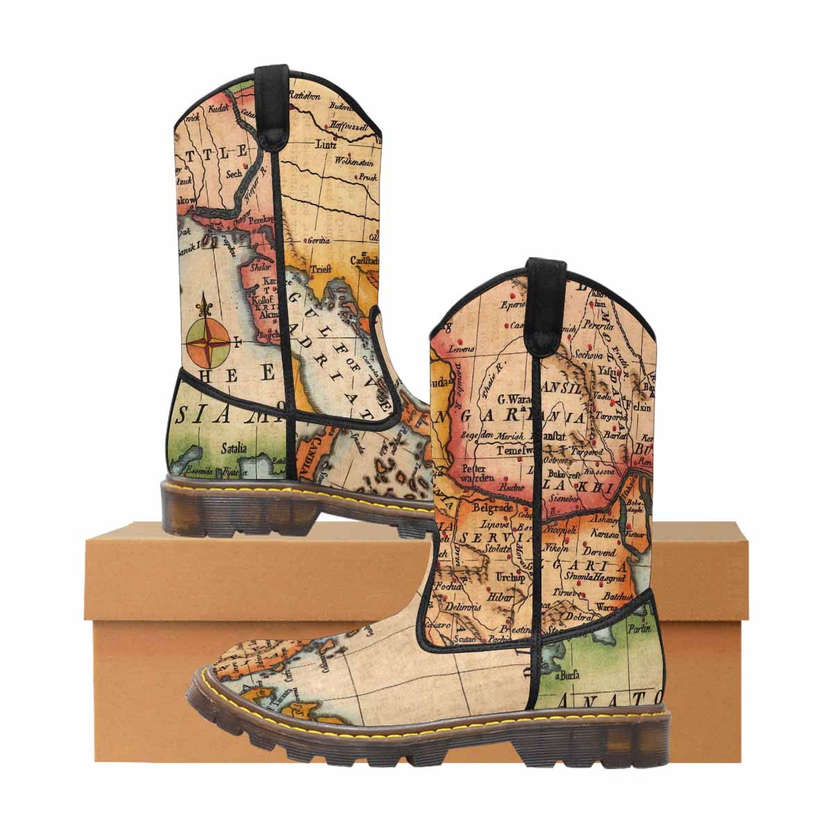 Antique Map design womens western lumber boots, Design 22