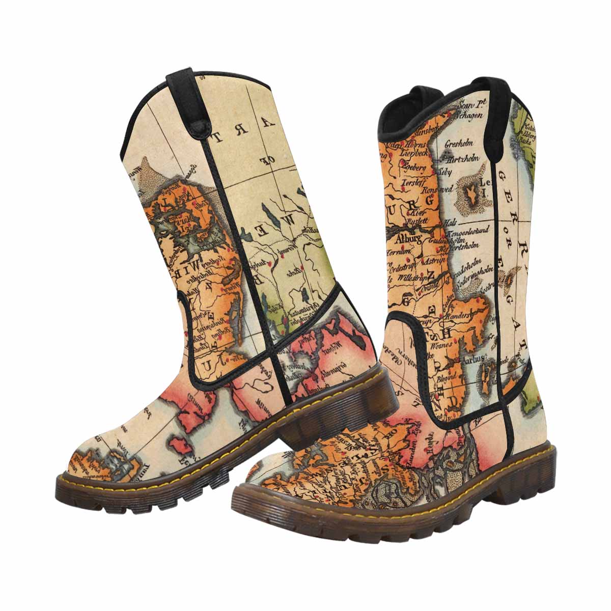 Antique Map design womens western lumber boots, Design 34