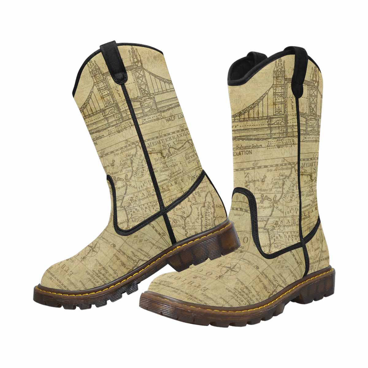 Antique Map design mens western lumber boots, Design 1