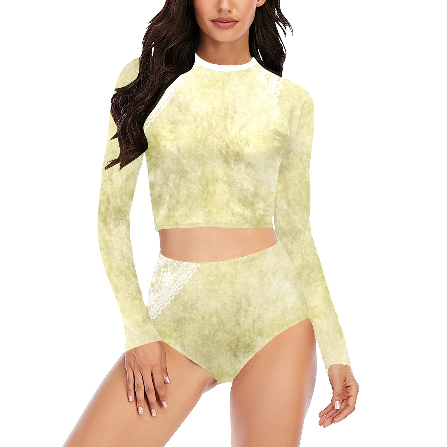 Victorian printed lace, long sleeve 2pc swimsuit, beachwear, design 43 Long Sleeve Bikini Set (Model S27)