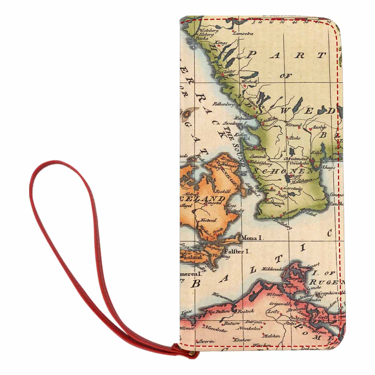 Antique Map design , womens wallet, clutch purse, Red TrimDesign 34