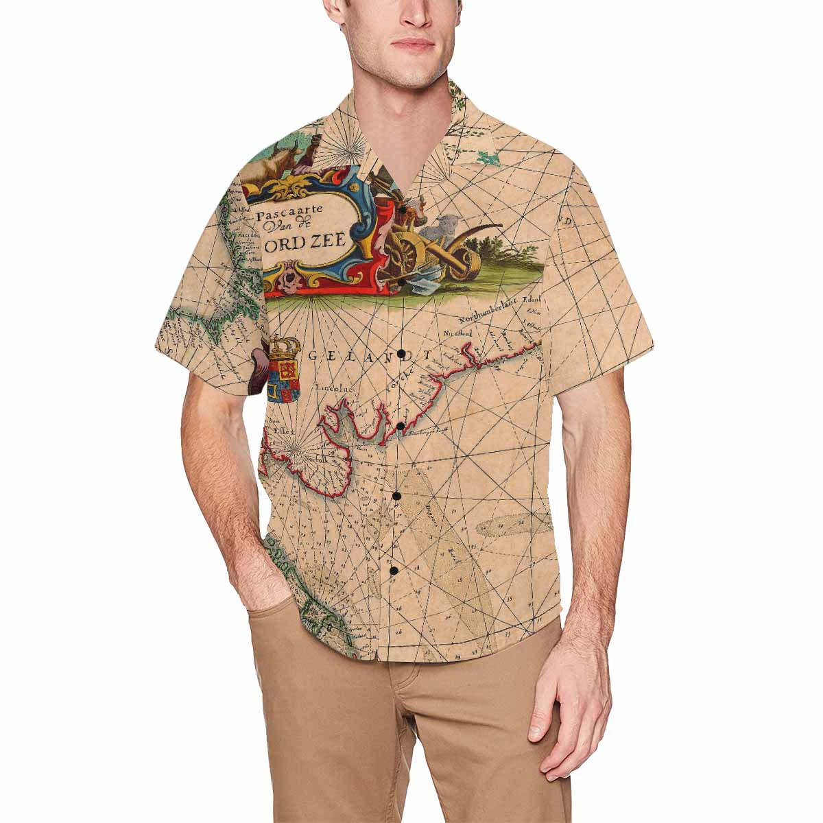 Antique Map design Hawaiian mens shirt, Design 7