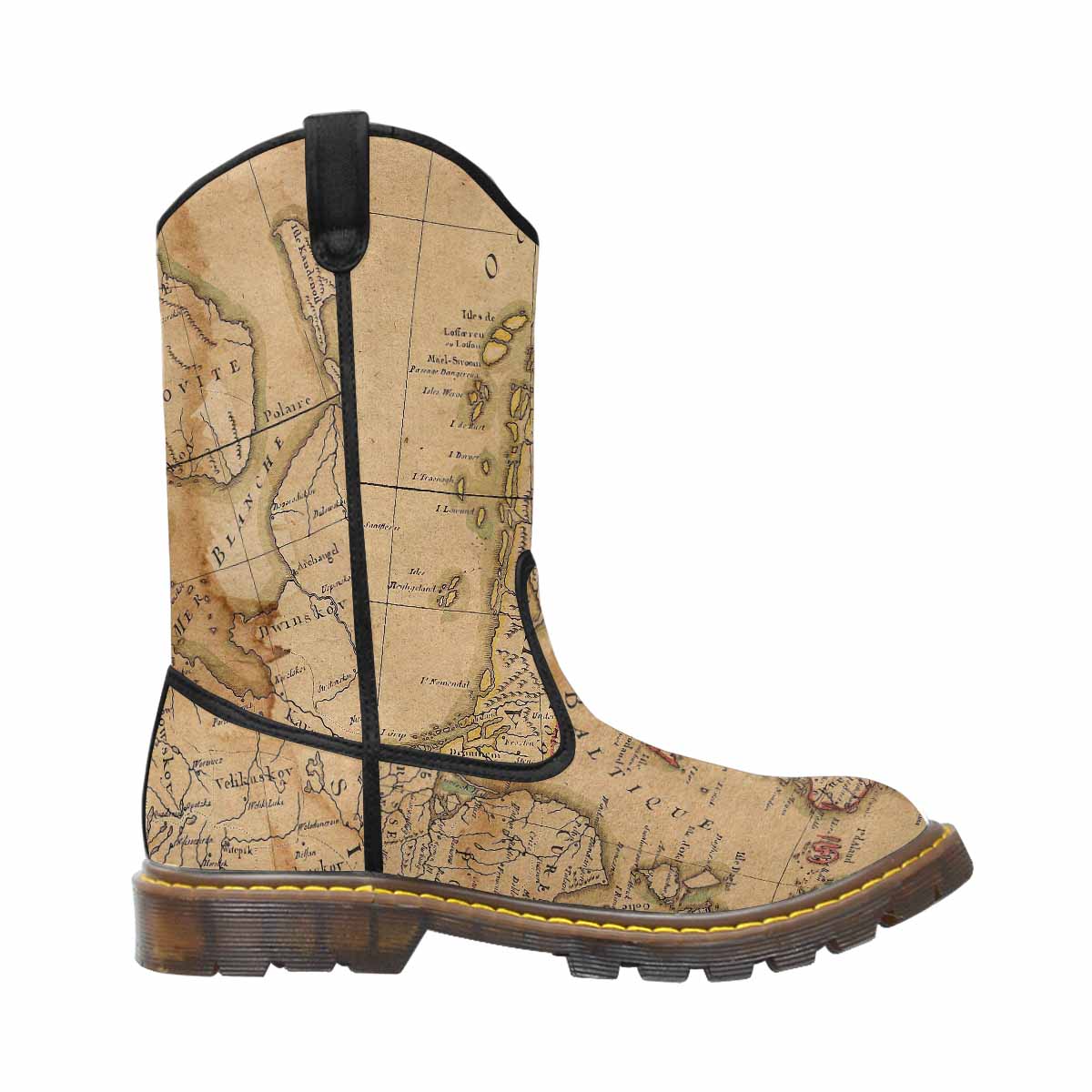 Antique Map design mens western lumber boots, Design 42