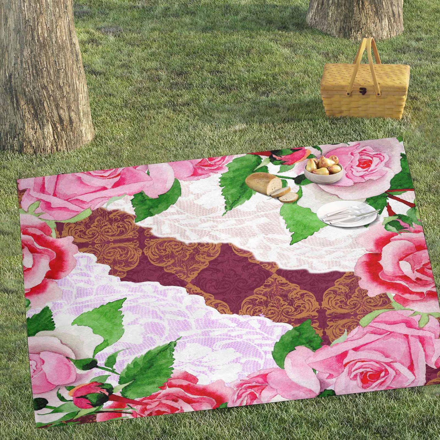 Victorian lace print waterproof picnic mat, 81 x 55in, design 19