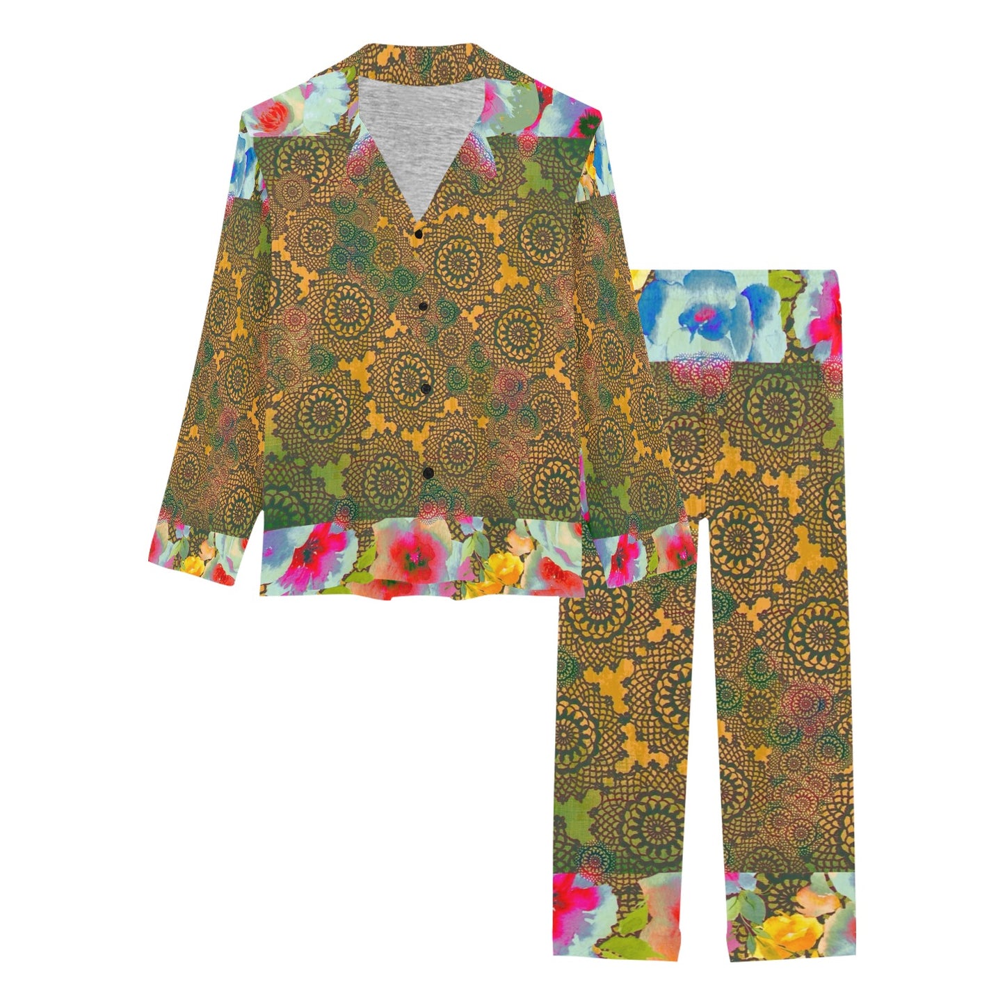Victorian printed lace pajama set, design 15 Women's Long Pajama Set (Sets 02)