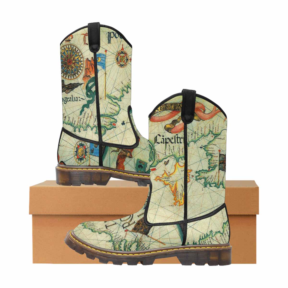 Antique Map design womens western lumber boots, Design 33