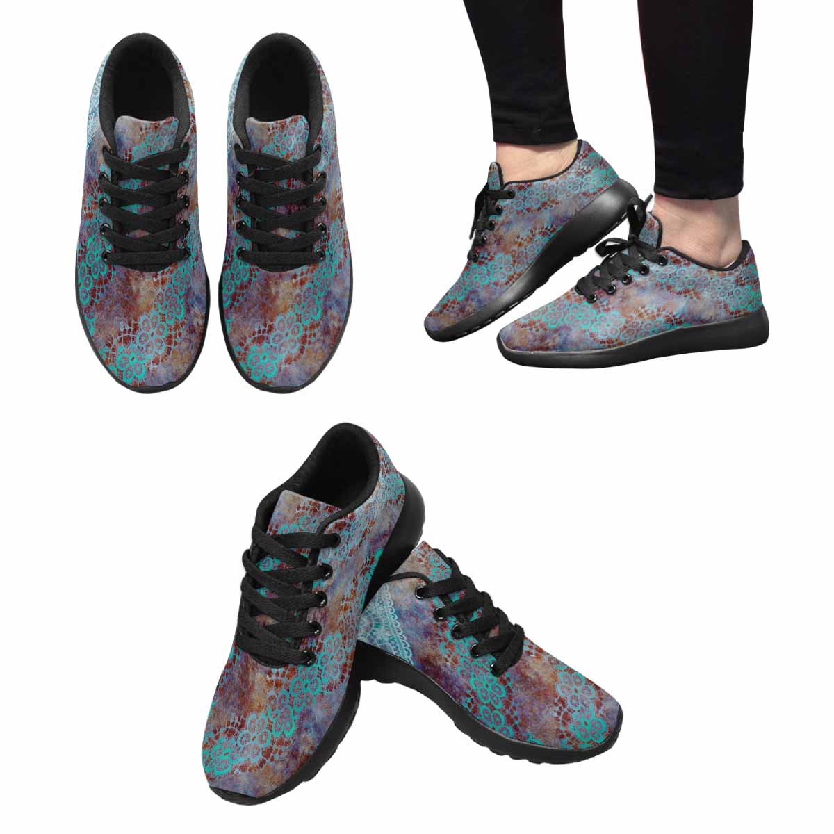 Victorian lace print, womens cute casual or running sneakers, design 37