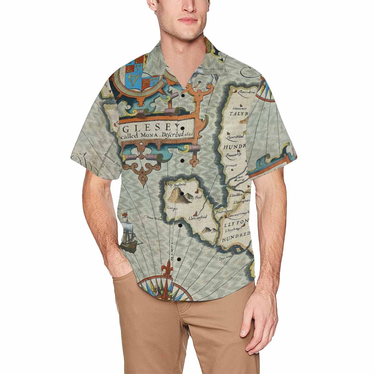 Antique Map design Hawaiian mens shirt, Design 13