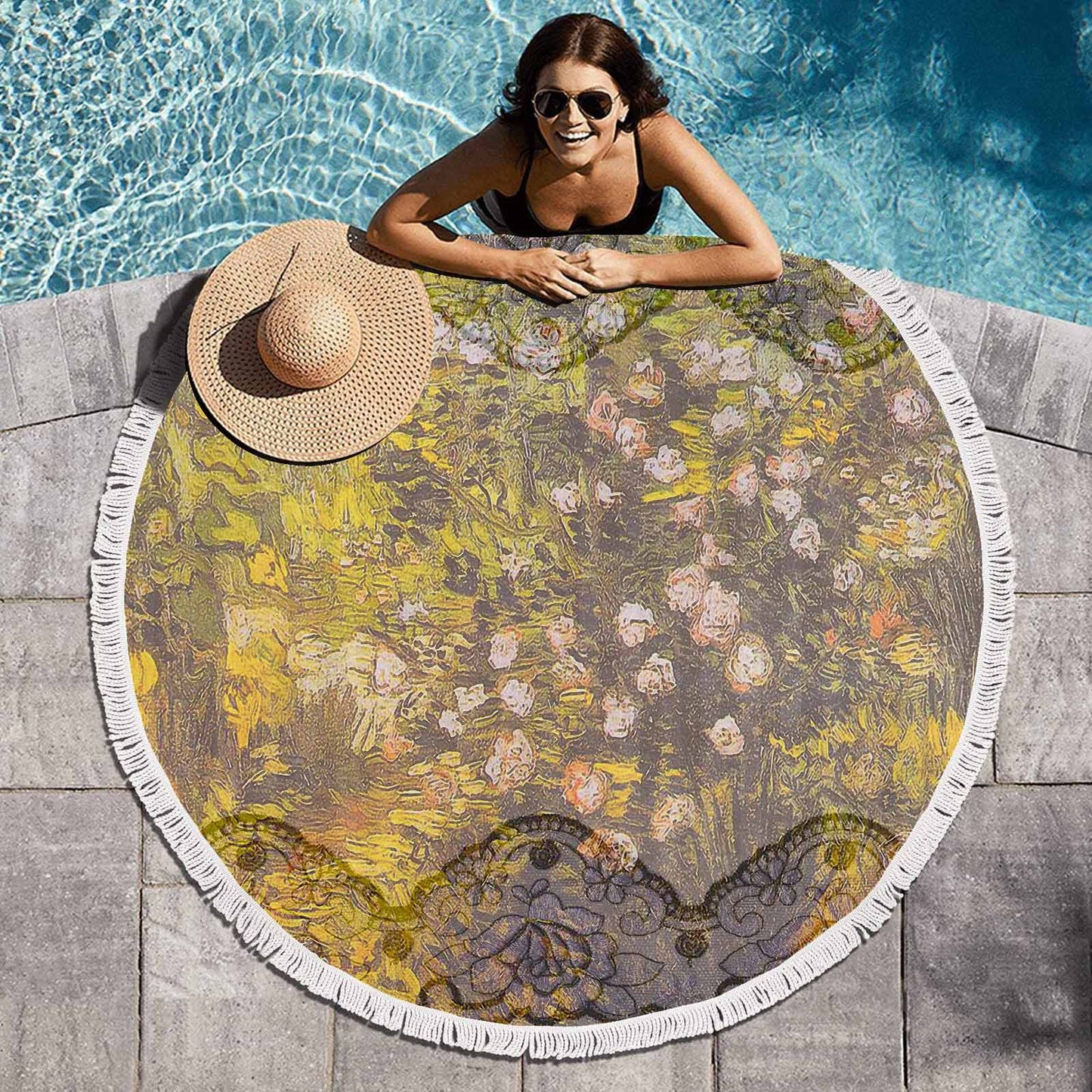 Vintage Floral circular plush beach towel, fringe edges, Design 05x