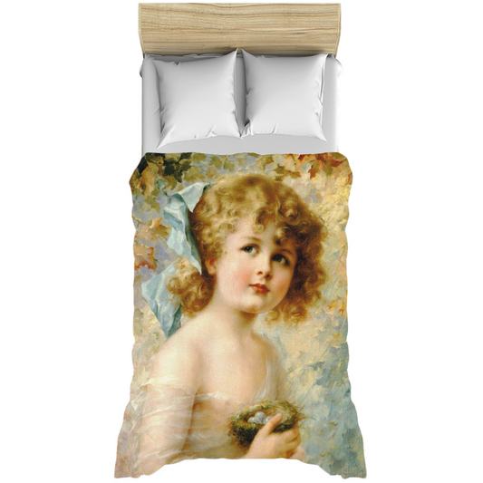 Victorian lady design Duvet cover, King, queen or twin size, Girl Holding a Nest