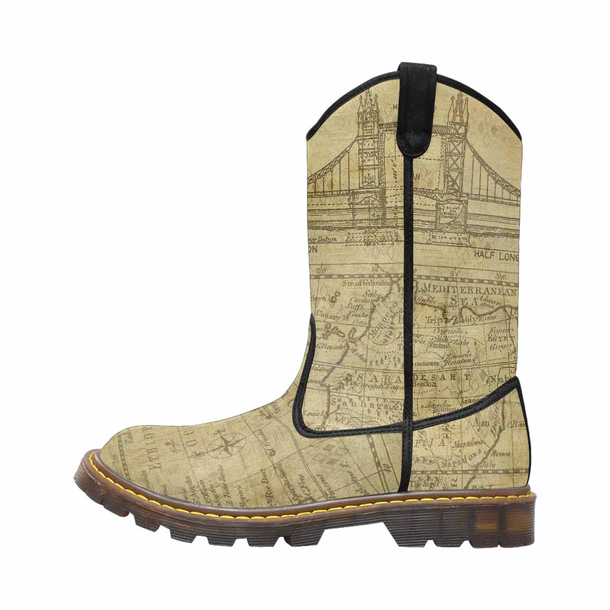 Antique Map design womens western lumber boots, Design 1