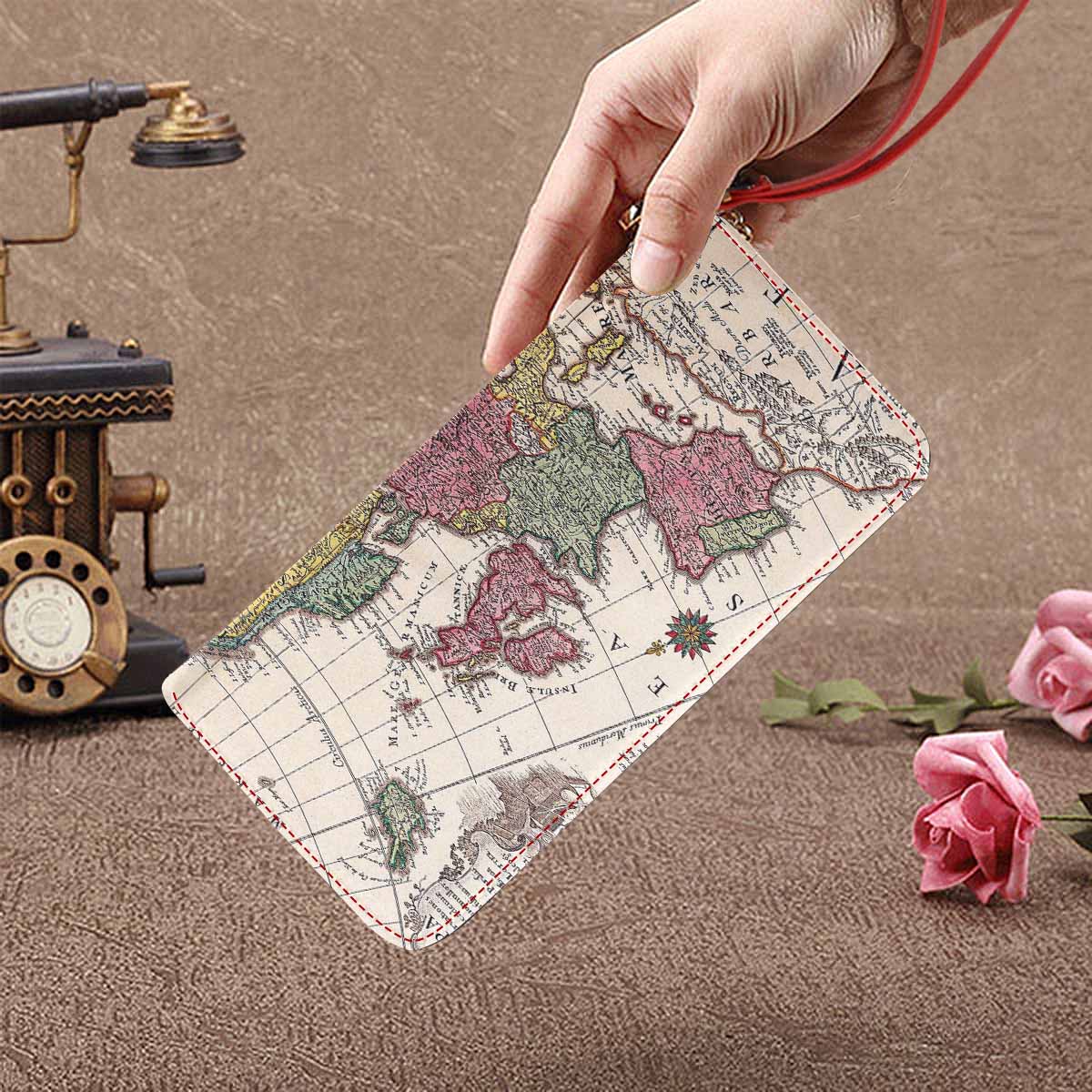 Antique Map design , womens wallet, clutch purse, Red TrimDesign 43