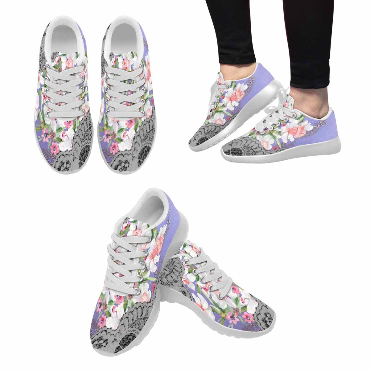 Victorian lace print, womens cute casual or running sneakers, design 45