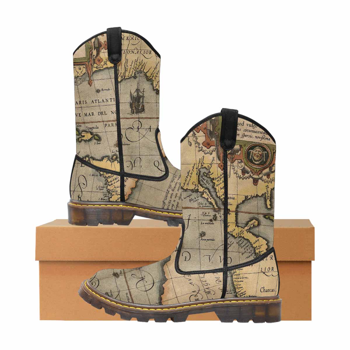 Antique Map design mens western lumber boots, Design 46