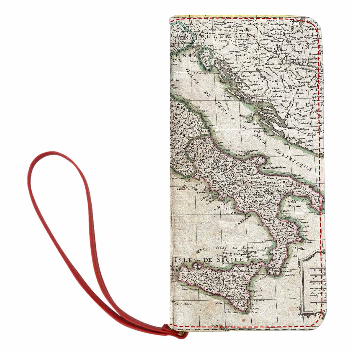 Antique Map design , womens wallet, clutch purse, Red TrimDesign 6