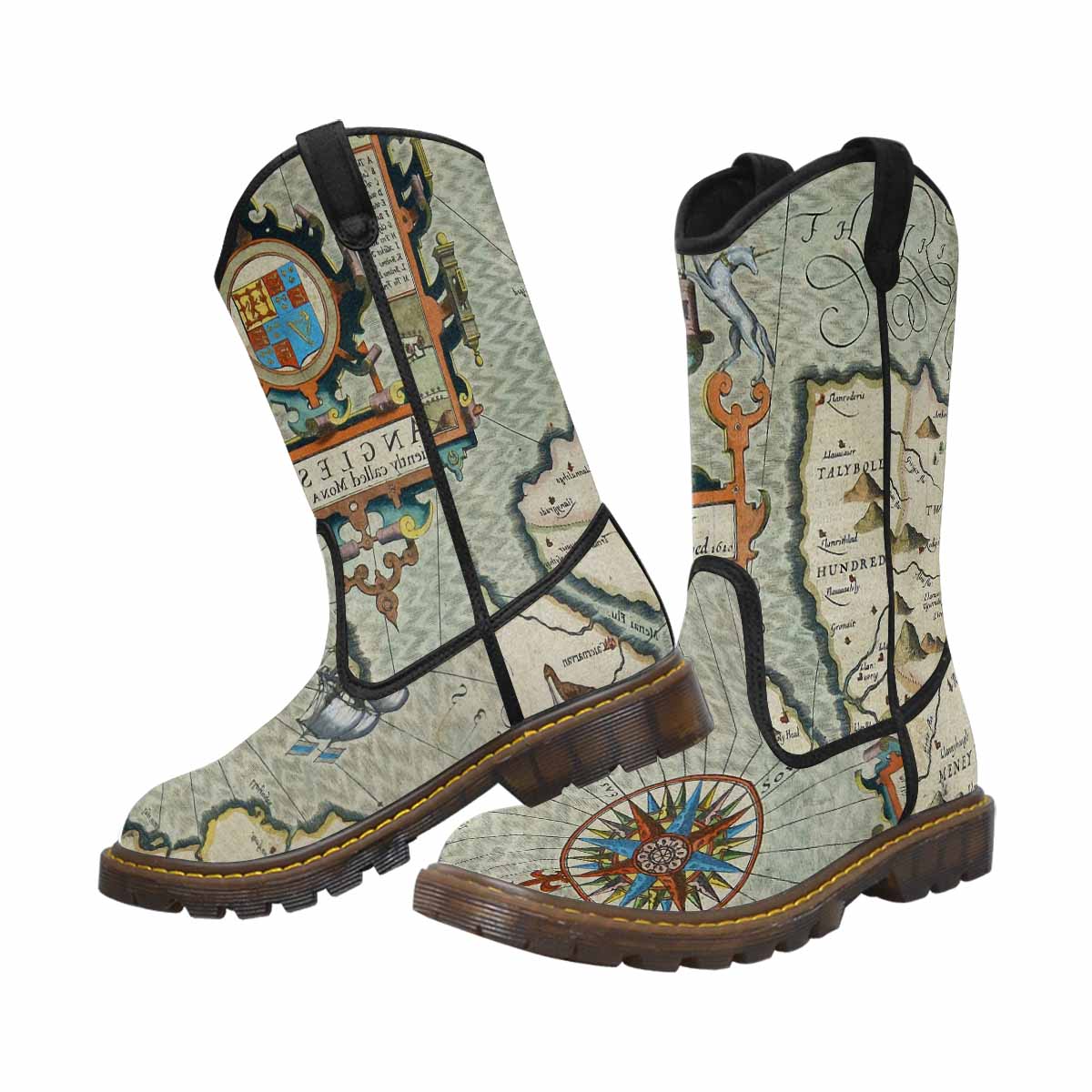 Antique Map design womens western lumber boots, Design 13