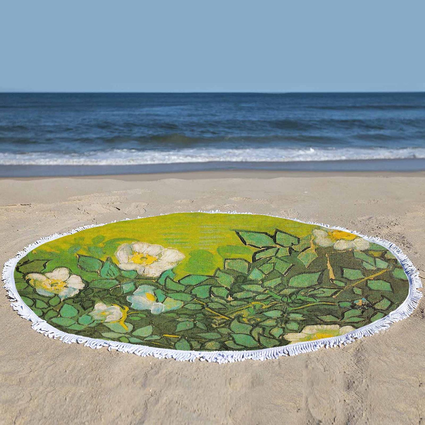Vintage Floral circular plush beach towel, fringe edges, Design 01