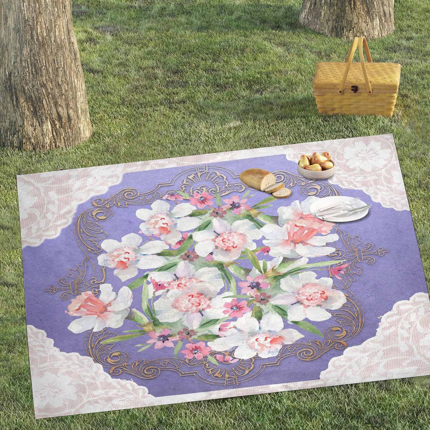 Victorian lace print waterproof picnic mat, 81 x 55in, design 47