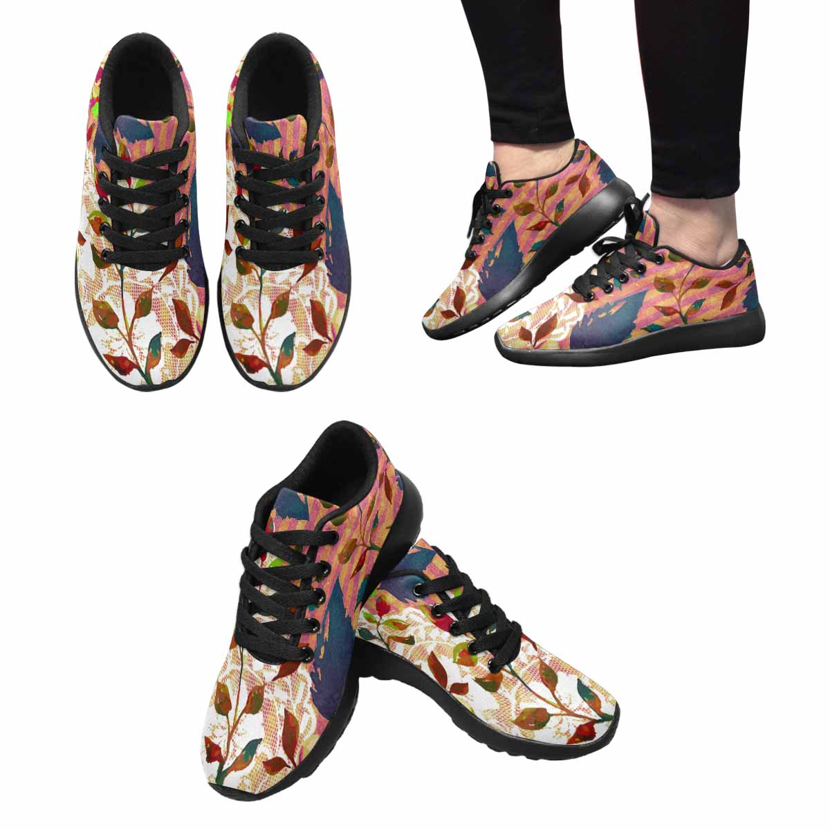 Victorian lace print, womens cute casual or running sneakers, design 22