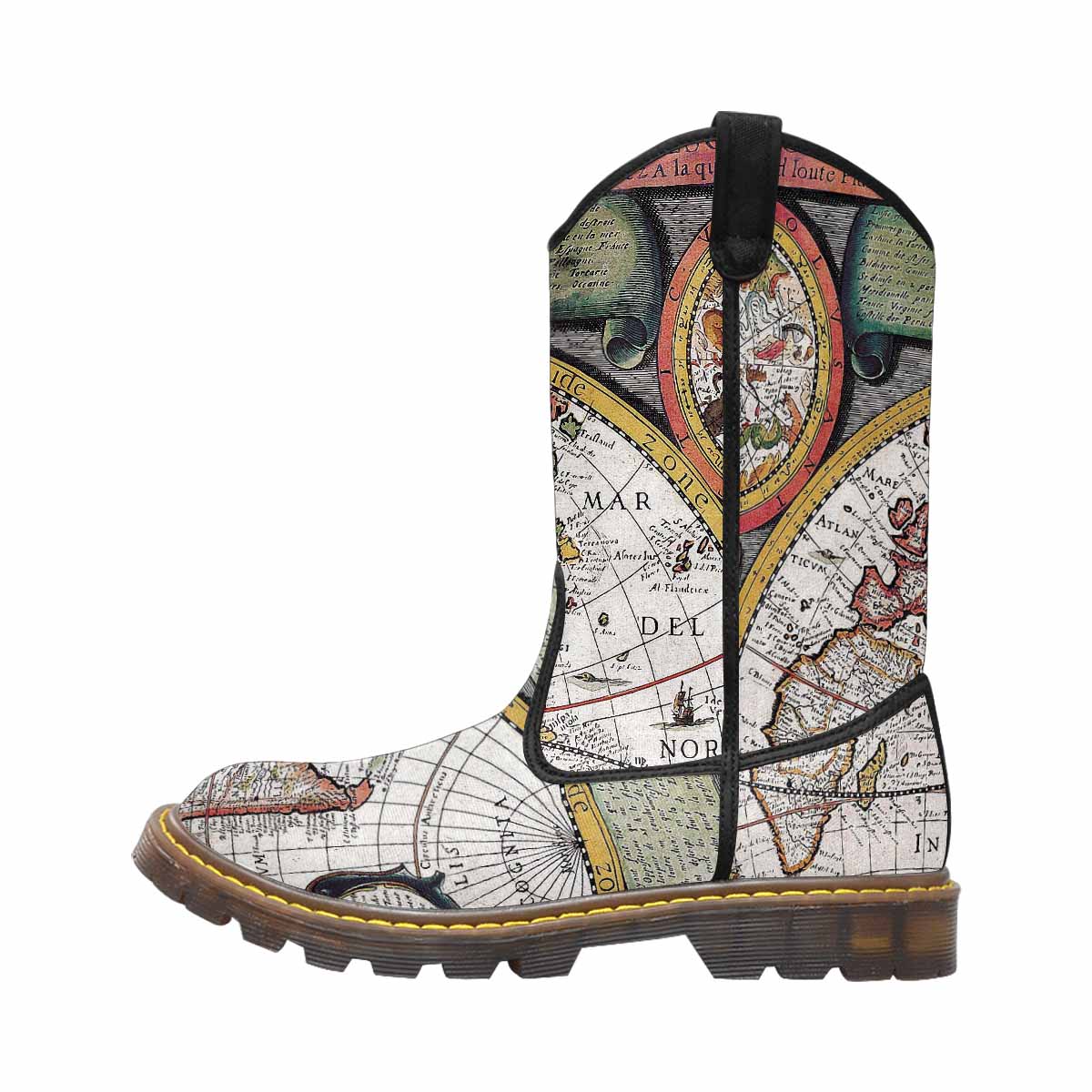 Antique Map design mens western lumber boots, Design 31