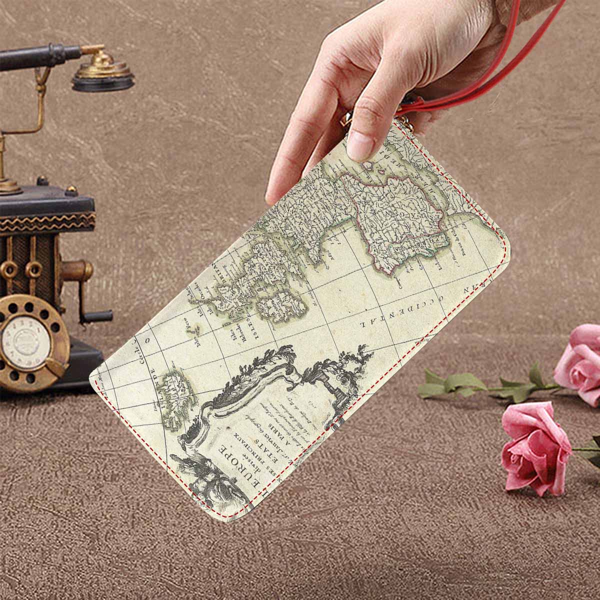 Antique Map design , womens wallet, clutch purse, Red TrimDesign 3
