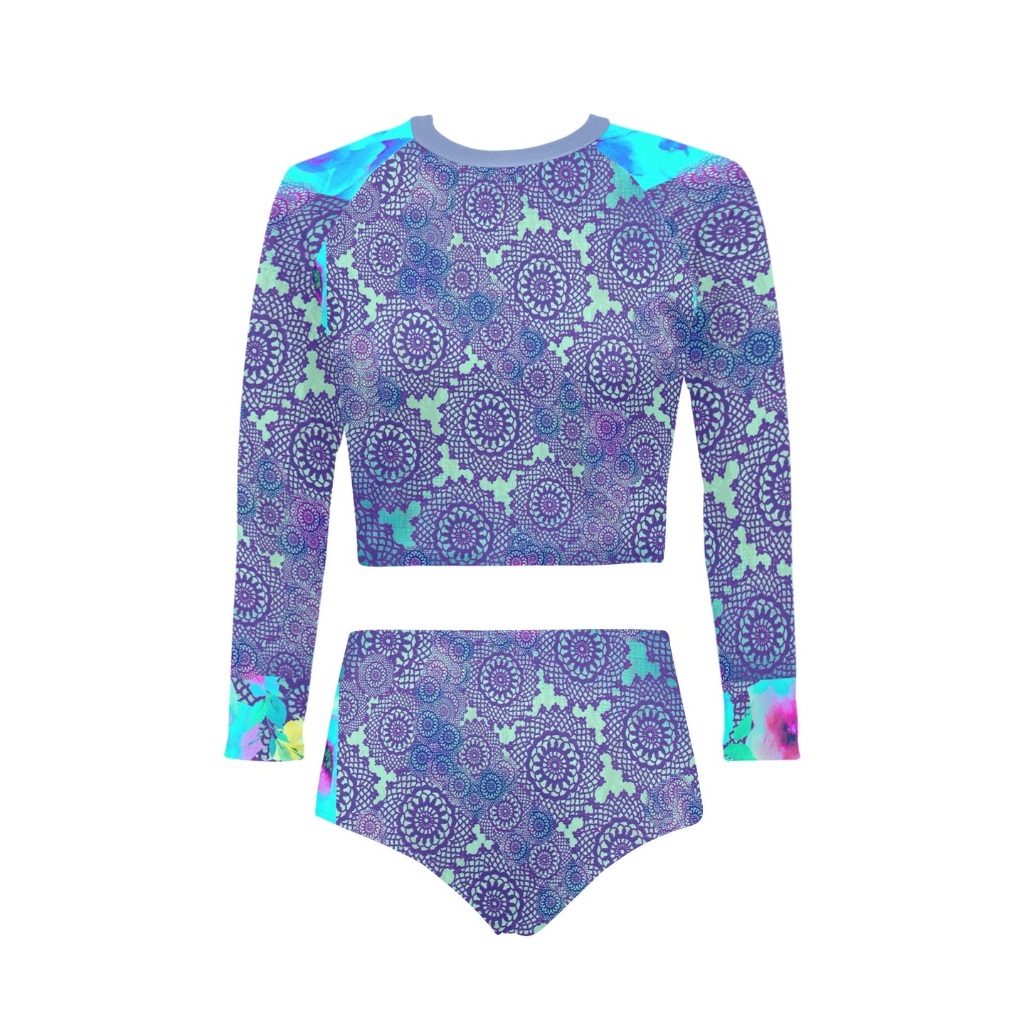 Victorian printed lace, long sleeve 2pc swimsuit, beachwear, design 14 Long Sleeve Bikini Set (Model S27)