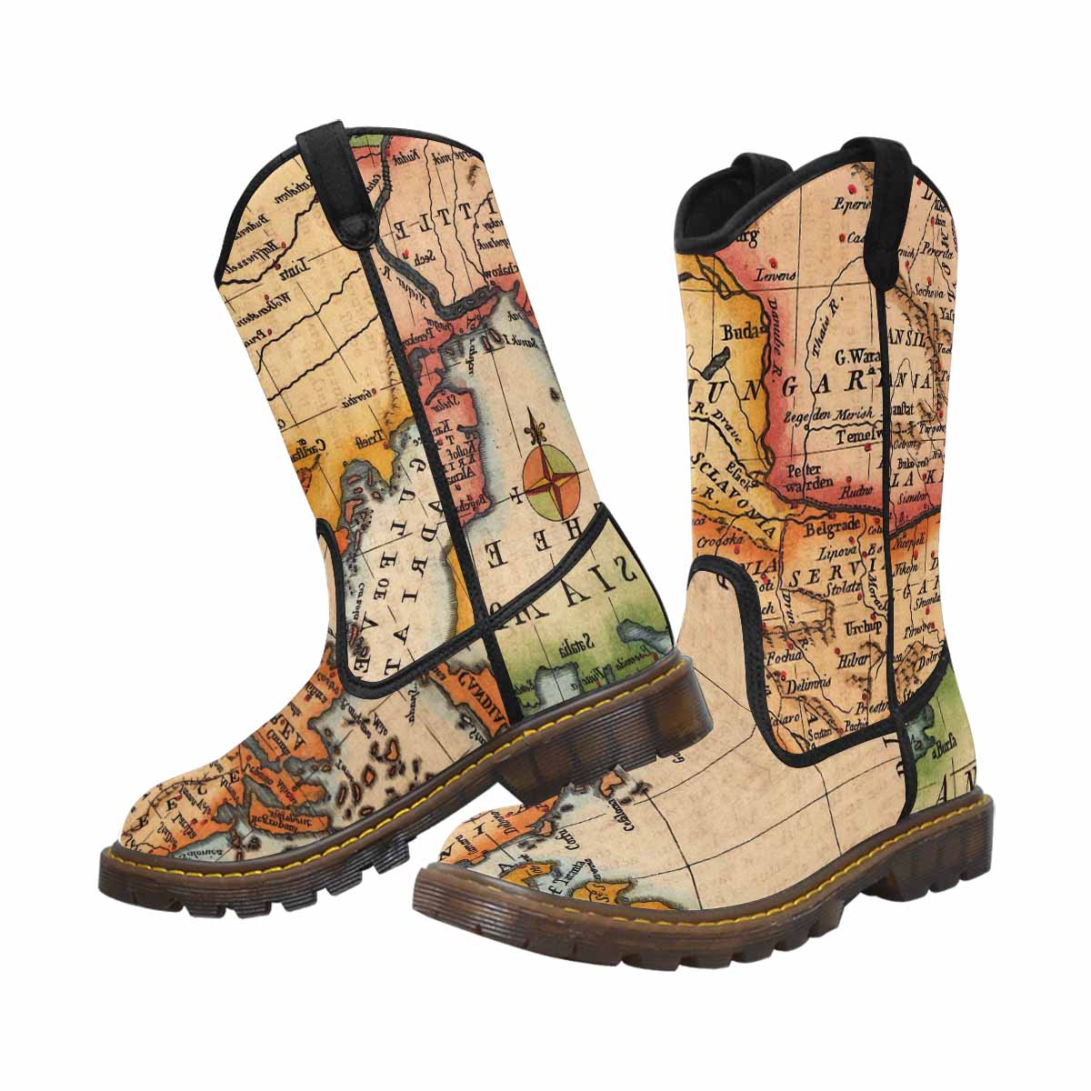 Antique Map design womens western lumber boots, Design 22