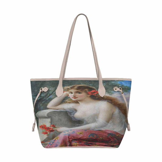 Victorian Lady Design Handbag, Model 1695361, Young Beauty With Poppies, BEIGE/TAN TRIM