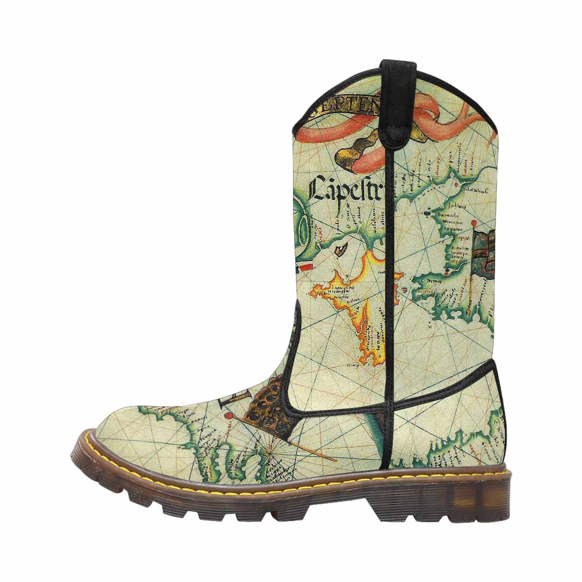 Antique Map design mens western lumber boots, Design 33