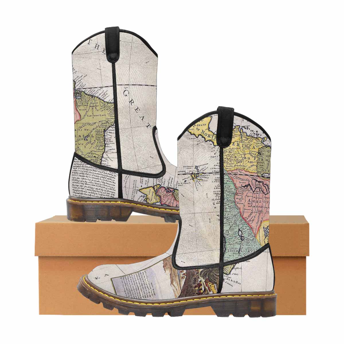 Antique Map design womens western lumber boots, Design 40