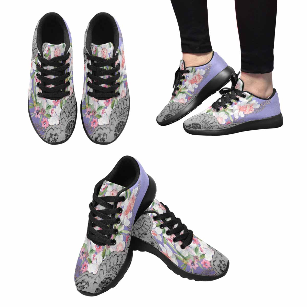 Victorian lace print, womens cute casual or running sneakers, design 45