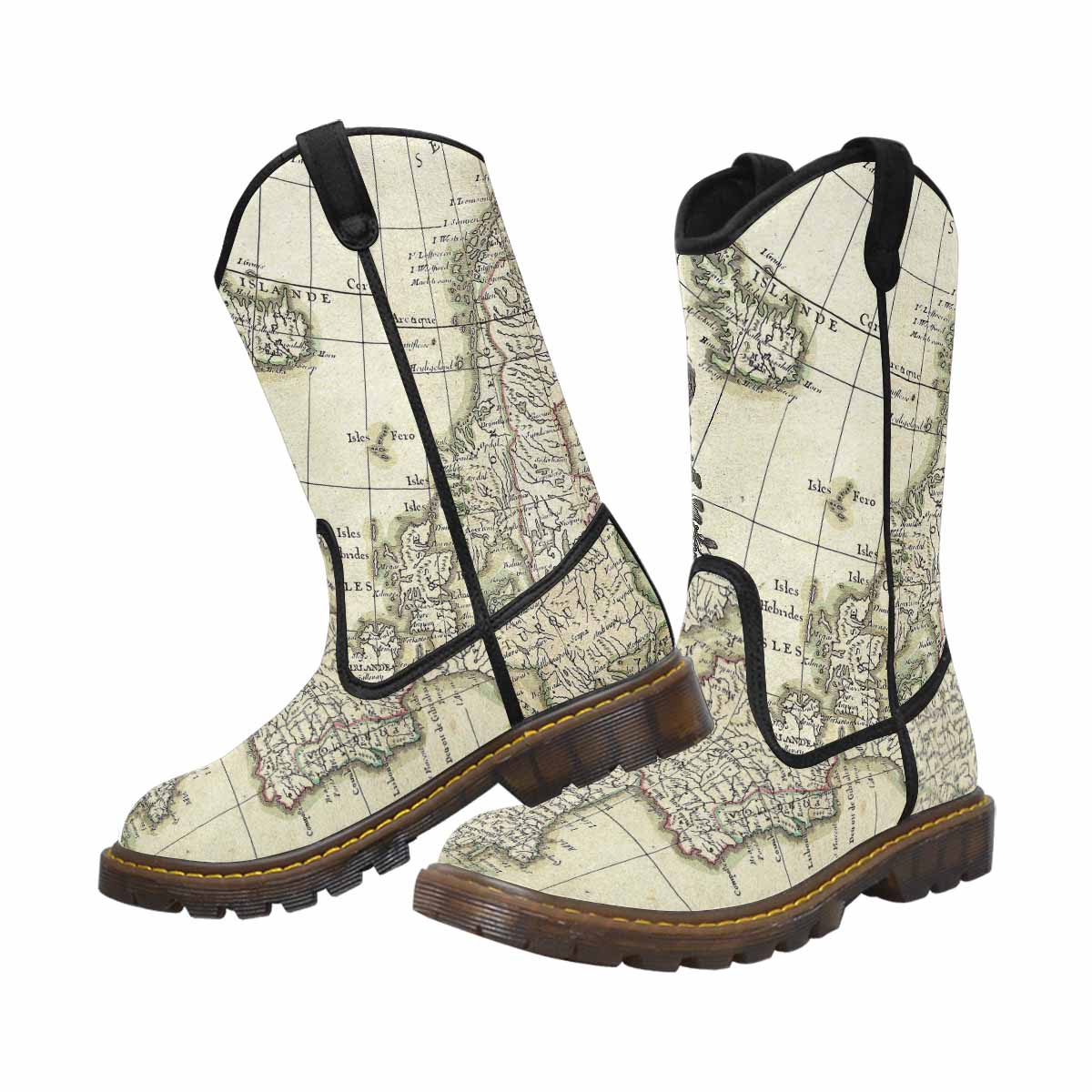 Antique Map design mens western lumber boots, Design 3