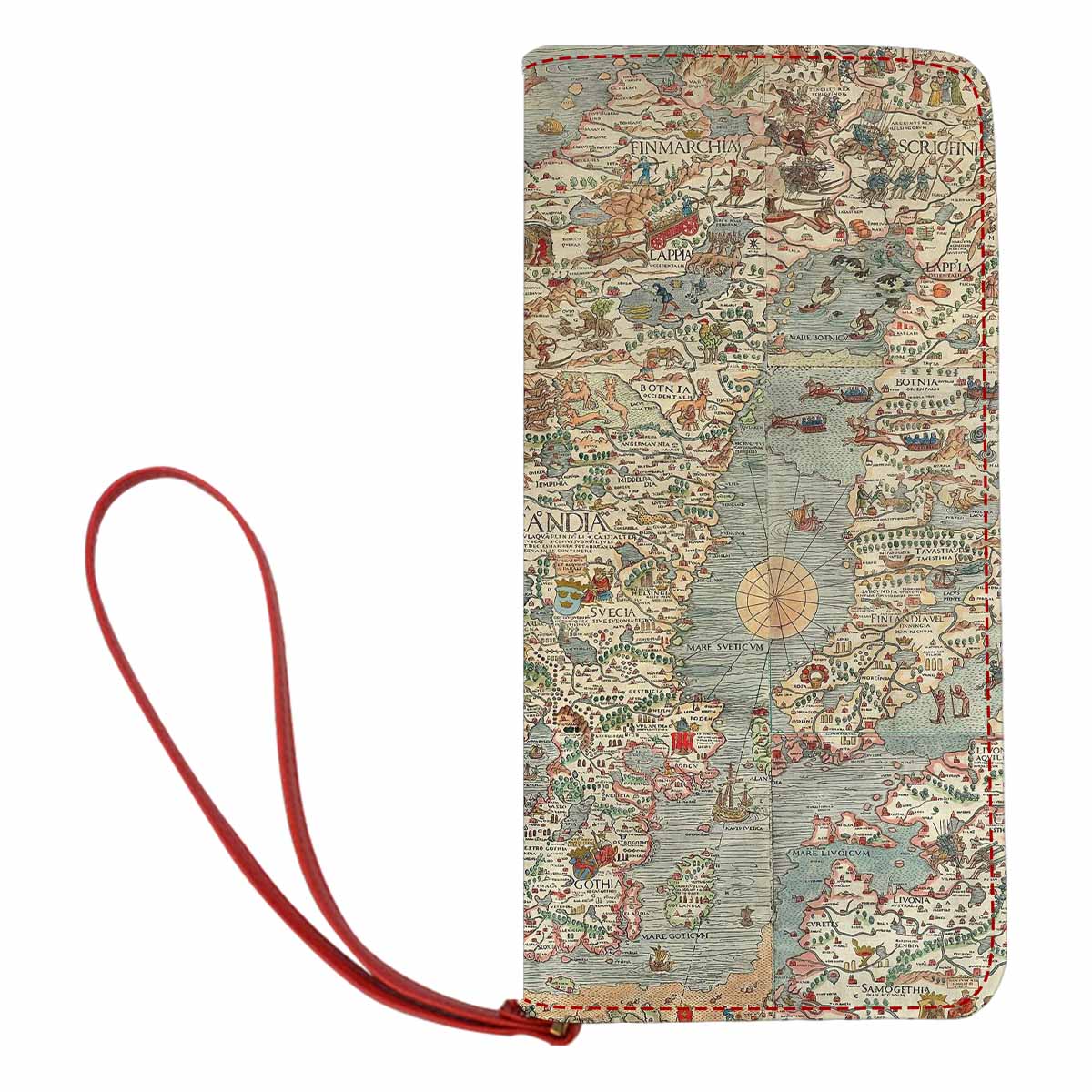 Antique Map design , womens wallet, clutch purse, Red TrimDesign 15