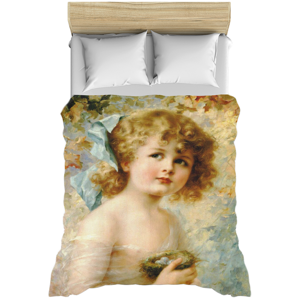 Victorian lady design Duvet cover, King, queen or twin size, Girl Holding a Nest