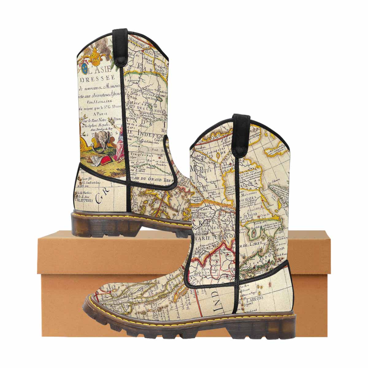 Antique Map design womens western lumber boots, Design 10