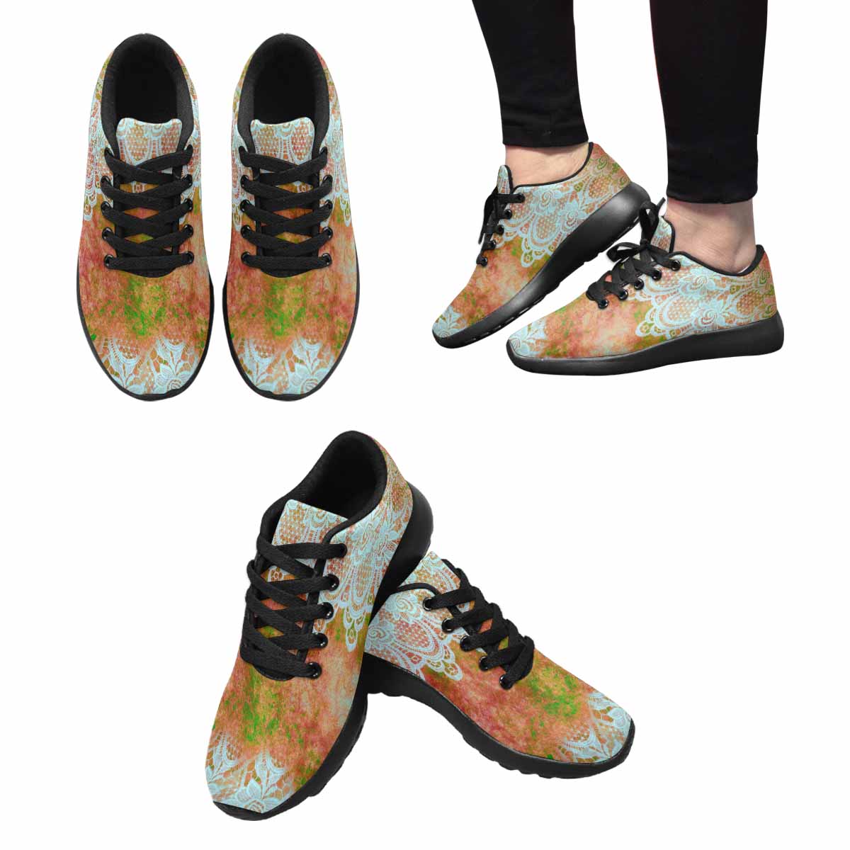 Victorian lace print, womens cute casual or running sneakers, design 31