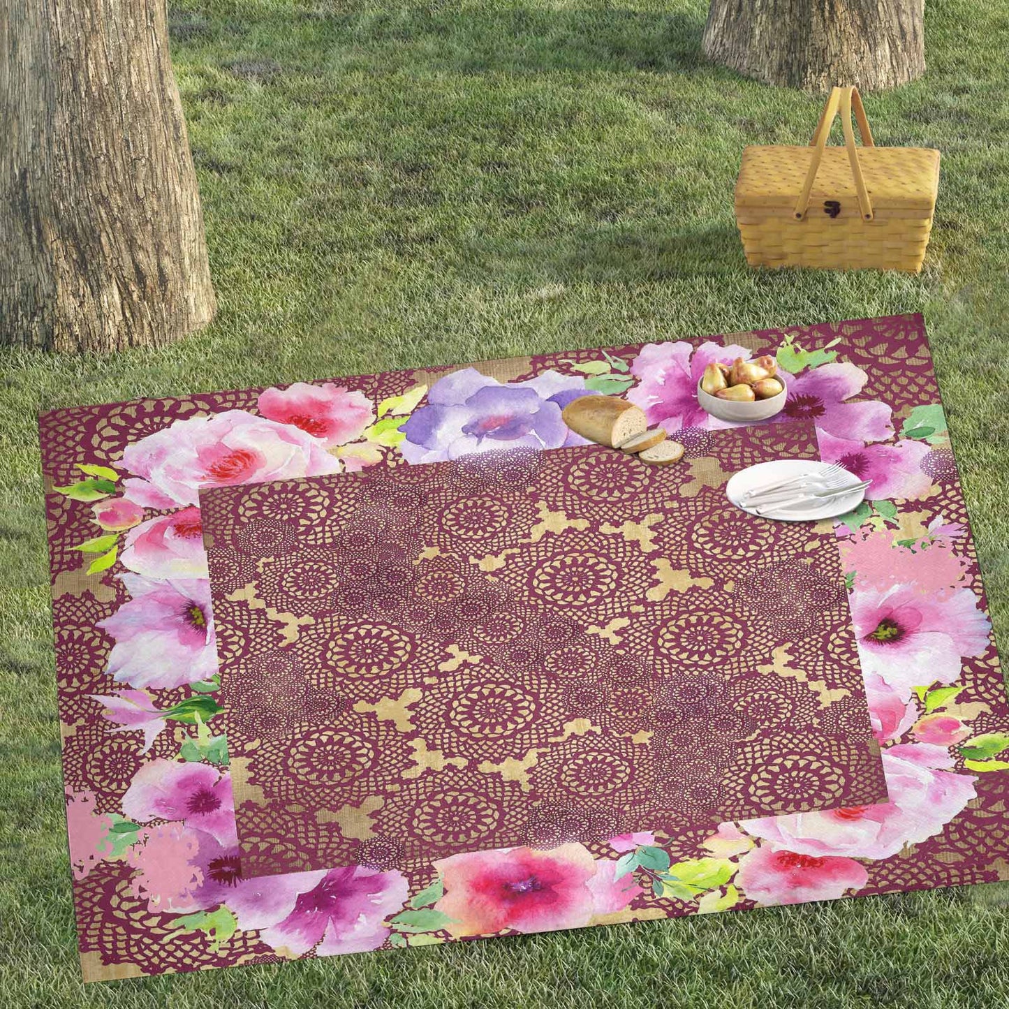 Victorian lace print waterproof picnic mat, 81 x 55in, design 13