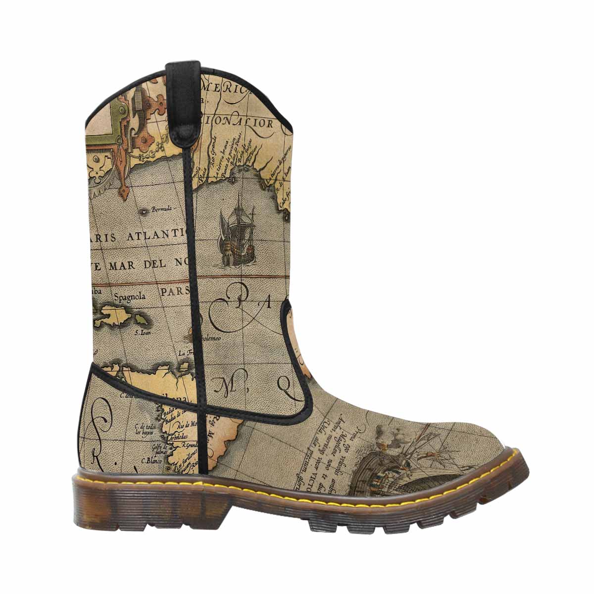 Antique Map design womens western lumber boots, Design 46