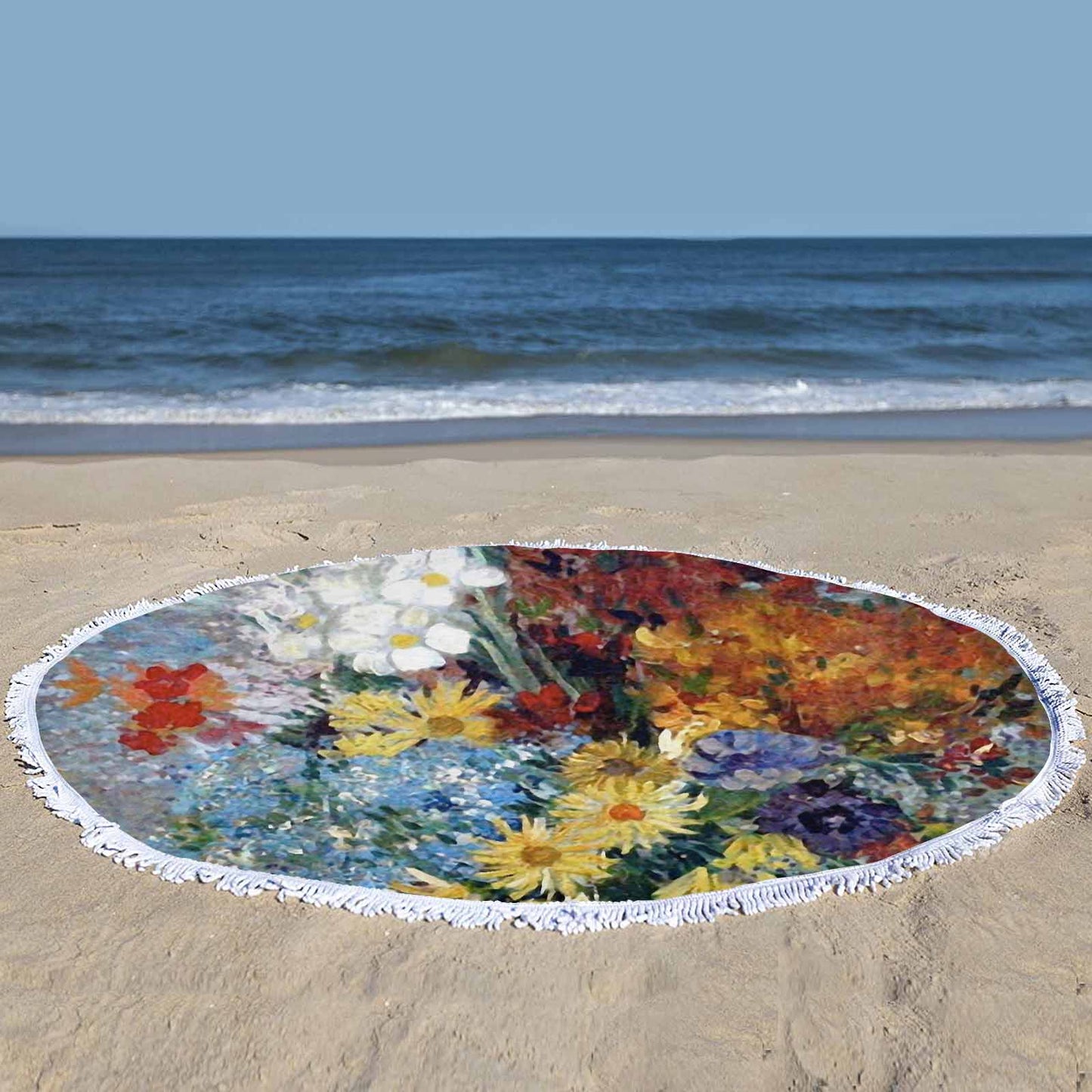 Vintage Floral circular plush beach towel, fringe edges, Design 41