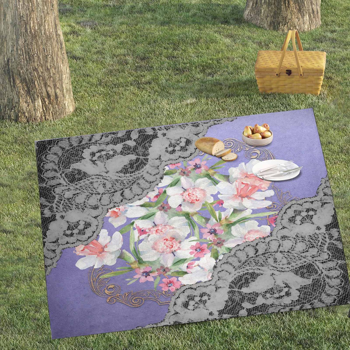 Victorian lace print waterproof picnic mat, 69 x 55in, design 45