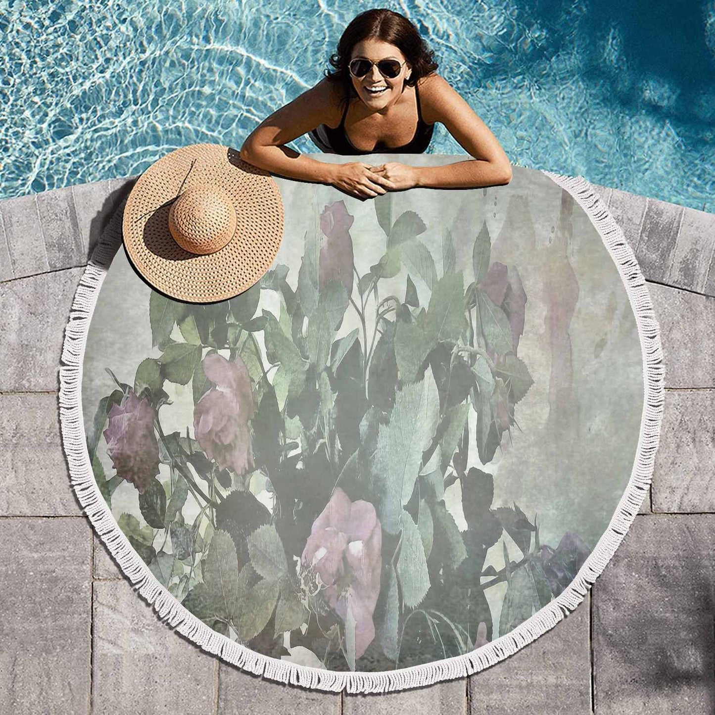 Vintage Floral circular plush beach towel, fringe edges, Design 23
