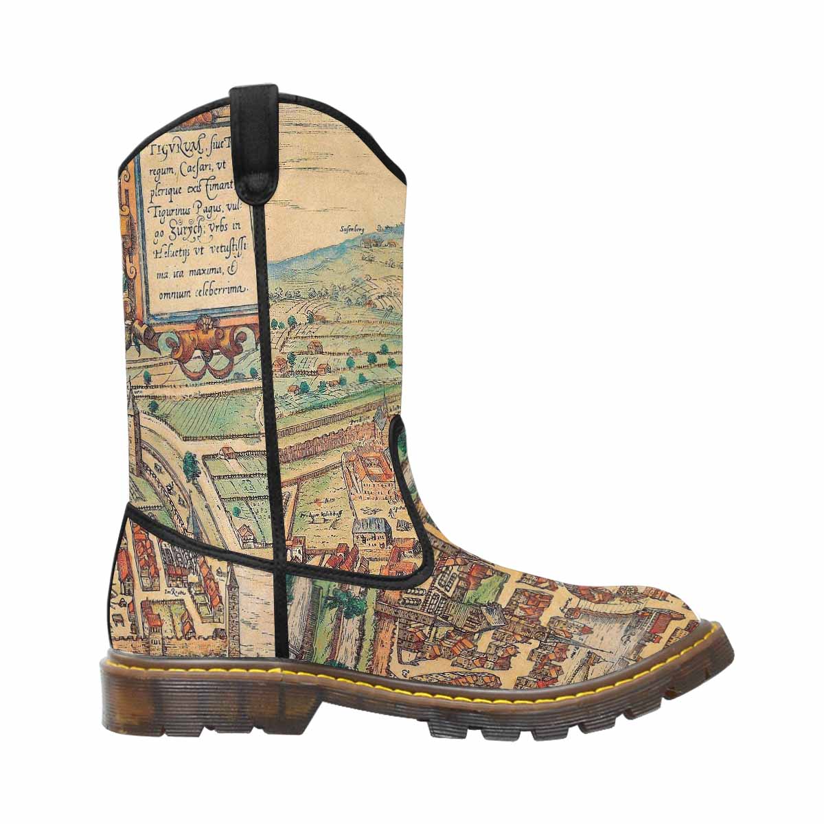 Antique Map design mens western lumber boots, Design 24