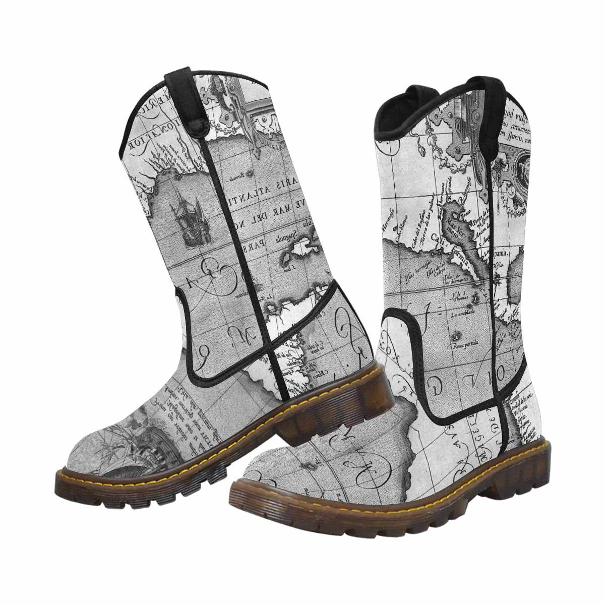 Antique Map design womens western lumber boots, Design 44