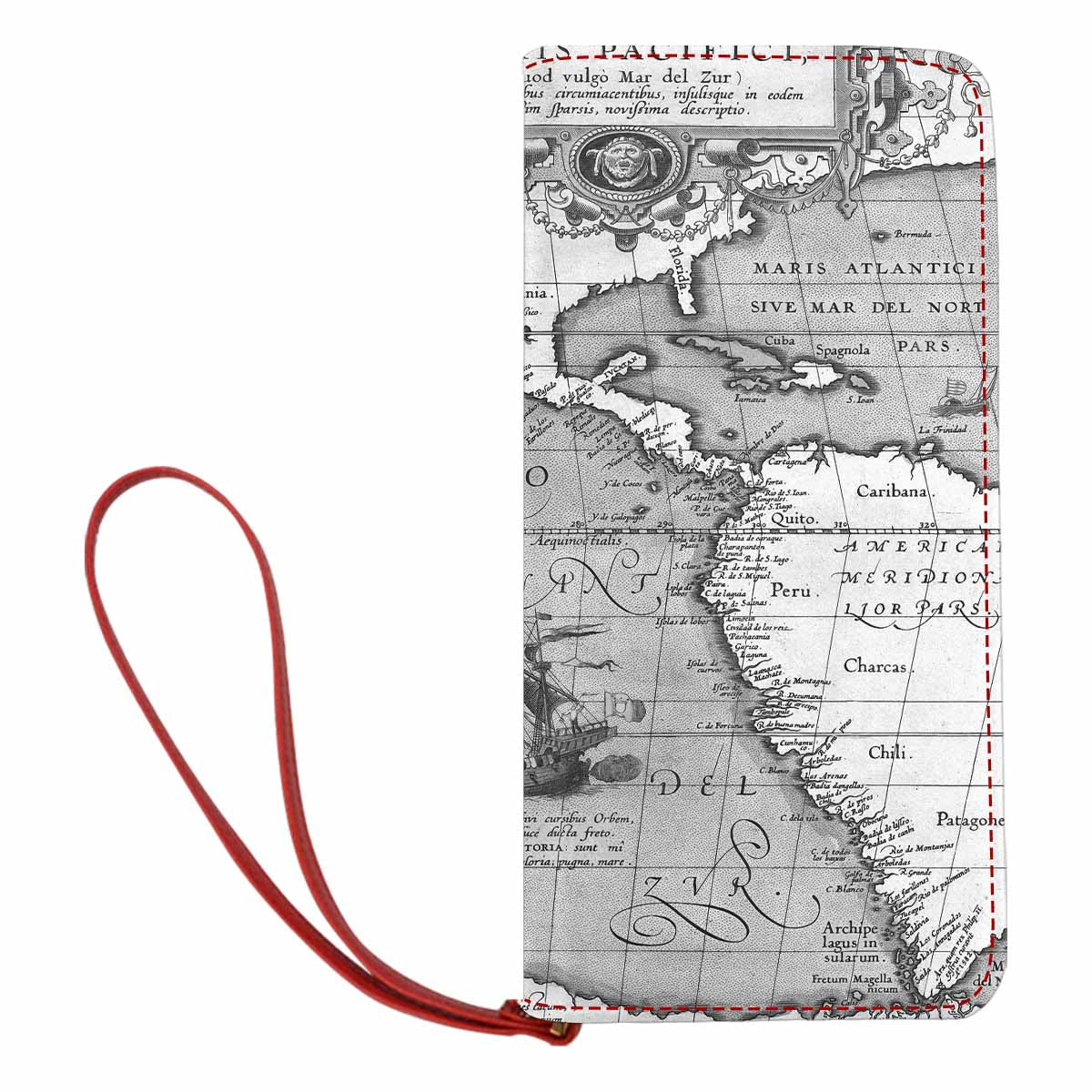 Antique Map design , womens wallet, clutch purse, Red TrimDesign 44